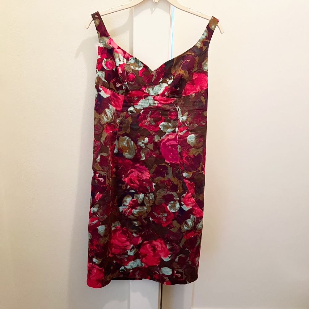Black Halo Heston Floral Strap Sheath Dress Size 8 Cotton Blend Mini Sleek‎
